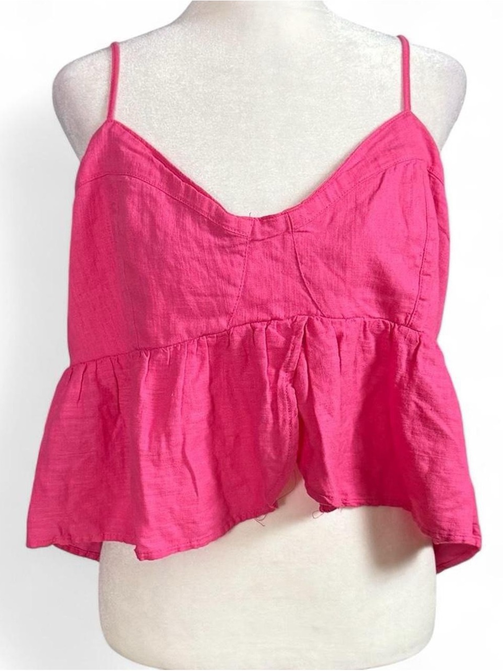 American Eagle Hot Pink Linen Blend Crop Top XL Smocked Back Tank